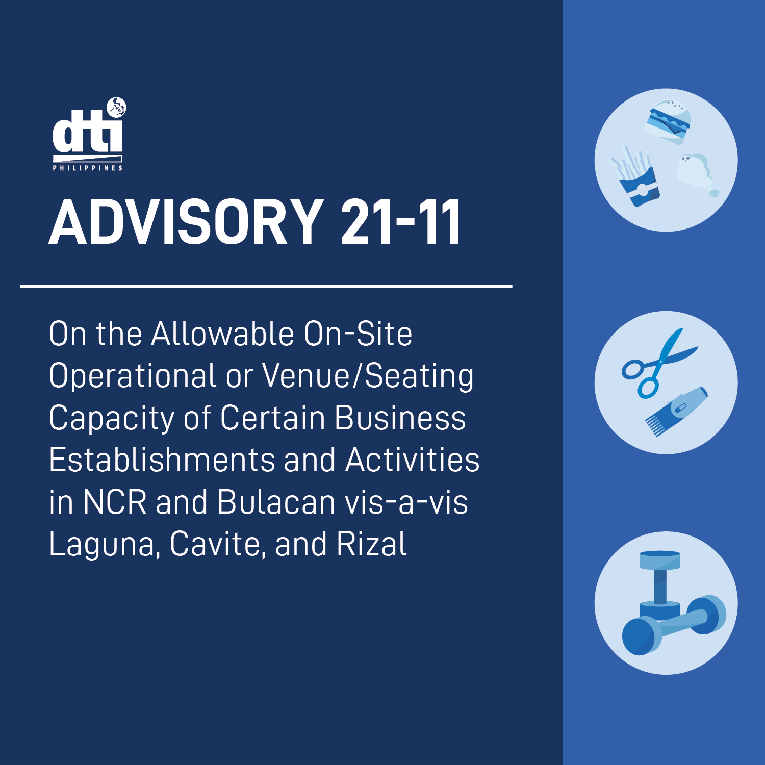 DTI Advisory 21-11: On the Allowable On-site Operational or Venue/seating Capacity of Certain Business Establishments and Activities in NCR and Bulacan vis-a-vis Laguna, Cavite, and Rizal