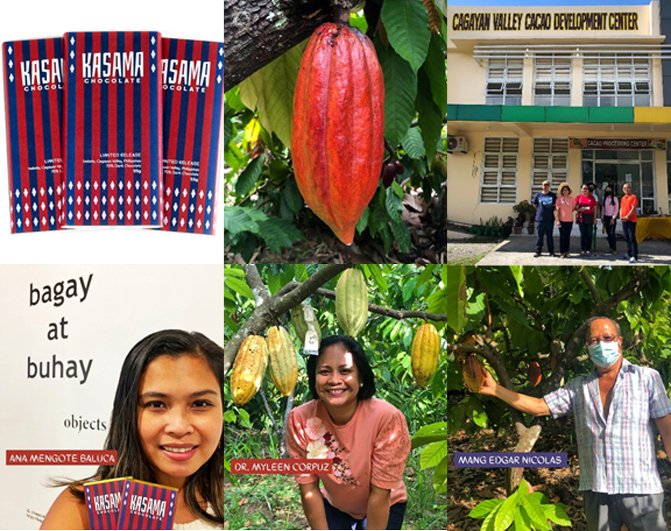 (L-R) First row: Kasama Chocolate promotional material; cacao fruit; Cagayan Valley Cacao Development Center.  Second row: Photos of makers of Kasama Chocolate